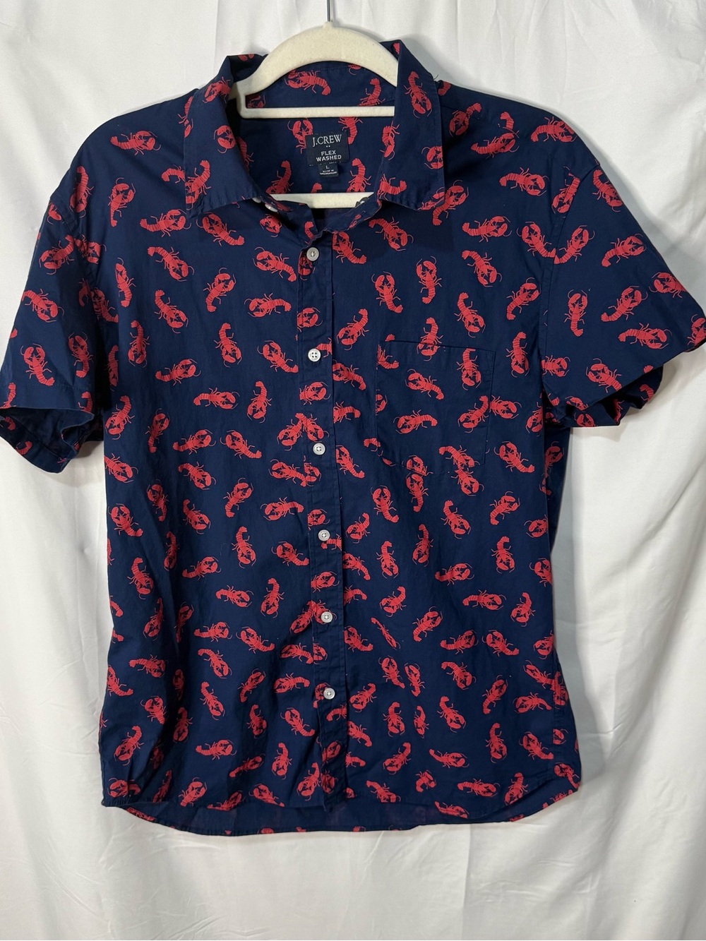 J. Crew Navy Short-Sleeve Button-Down Shirt with Red Lobster Print